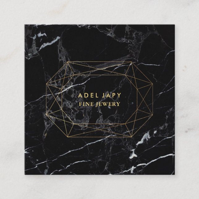 PixDezines Black Marble+Faux Gold Gemstone Facet Square Business Card (Front)