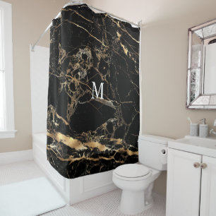 PixDezines BLACK MARBLE+FAUX GOLD VEINS Shower Curtain