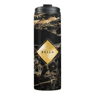 PixDezines BLACK MARBLE FAUX GOLD VEINS Thermal Tumbler