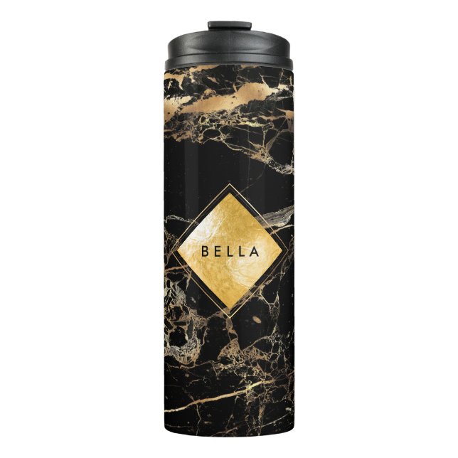 PixDezines BLACK MARBLE FAUX GOLD VEINS Thermal Tumbler (Front)