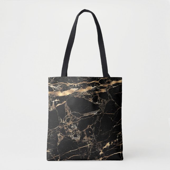 PixDezines BLACK MARBLE+FAUX GOLD VEINS Tote Bag (Front)