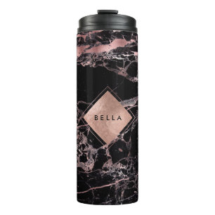 PixDezines BLACK MARBLE FAUX ROSE GOLD VEINS Thermal Tumbler