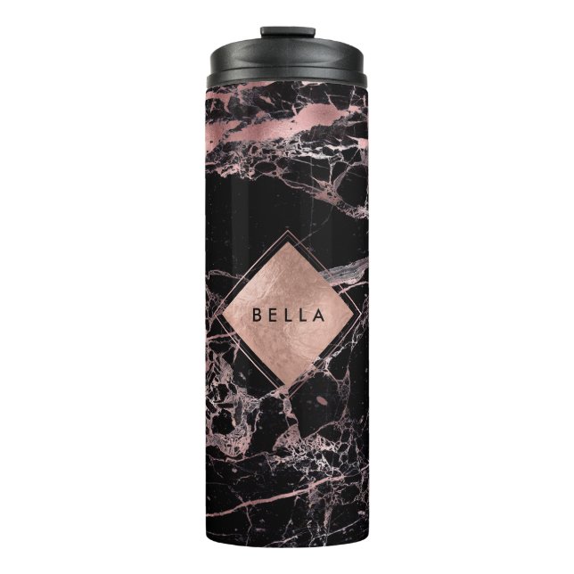 PixDezines BLACK MARBLE FAUX ROSE GOLD VEINS Thermal Tumbler (Front)