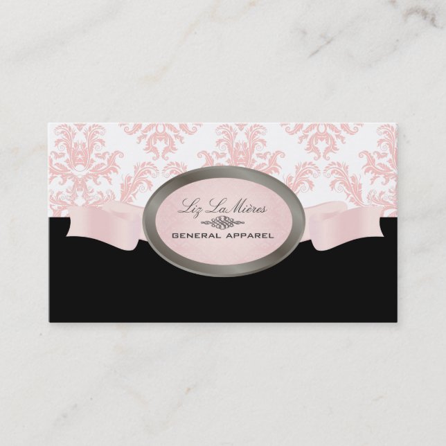 PixDezines Black, Pink, White Céleste Damask Business Card (Front)