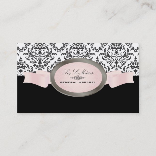 PixDezines Black, Pink, White Céline Damask Business Card (Front)