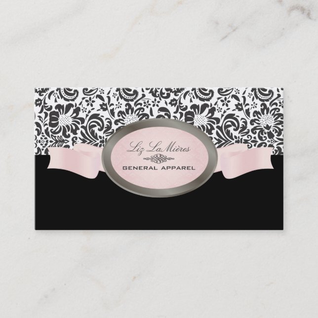 PixDezines Black, Pink, White Fidora Damask Business Card (Front)