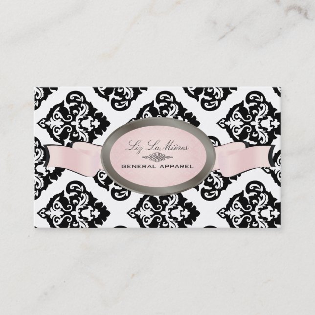 PixDezines Black, Pink, White Oliva Damask Business Card (Front)
