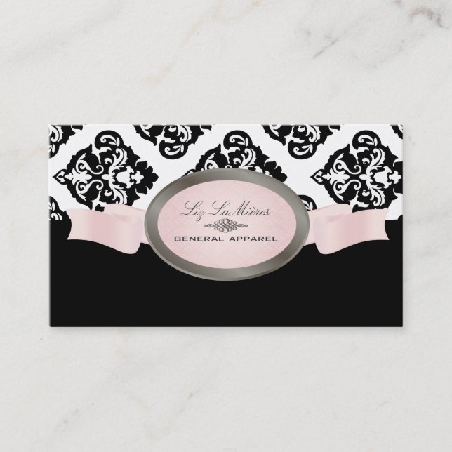 PixDezines Black, Pink, White Olivia Damask Business Card (Front)