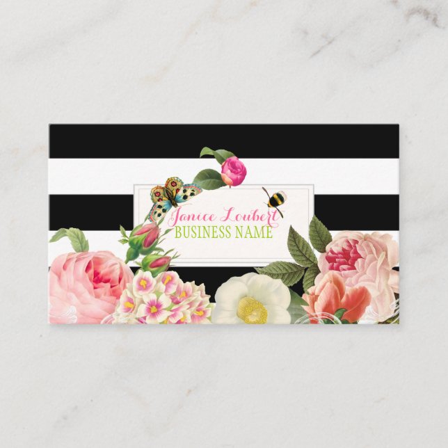 PixDezines black stripes primrose, peonies Business Card (Front)
