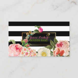 PixDezines black stripes primrose, peonies Business Card