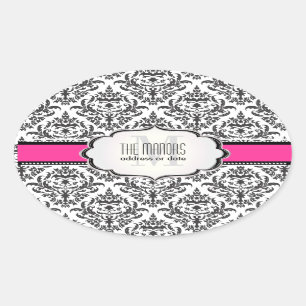 PixDezines Black+White Céline Damask/DIY colour Oval Sticker