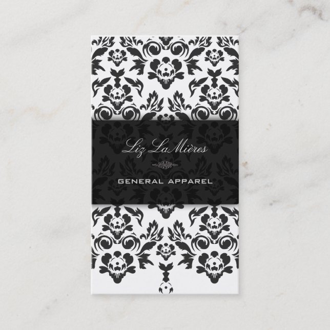 PixDezines Black+White Haute Coutour Damask Business Card (Front)