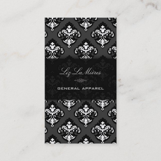 PixDezines Black+White Olivia Damask Business Card (Front)