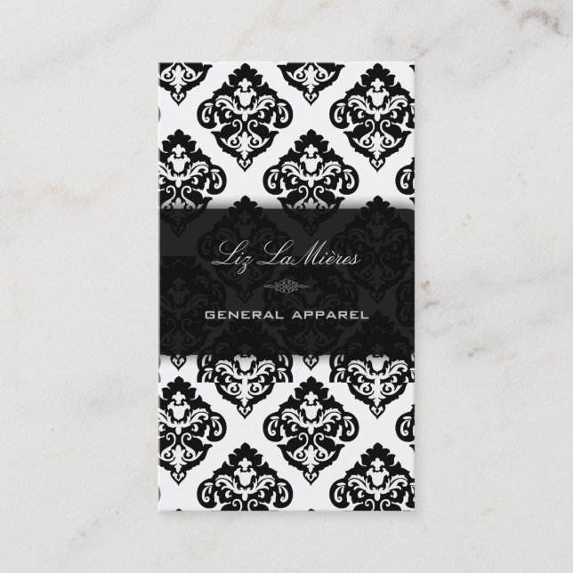 PixDezines Black+White Olivia Damask Business Card (Front)