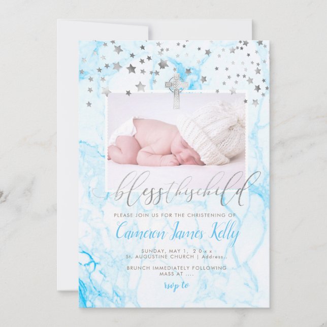 PixDezines BLESS THIS CHILD, FAUX SILVER+MARBLE Invitation (Front)