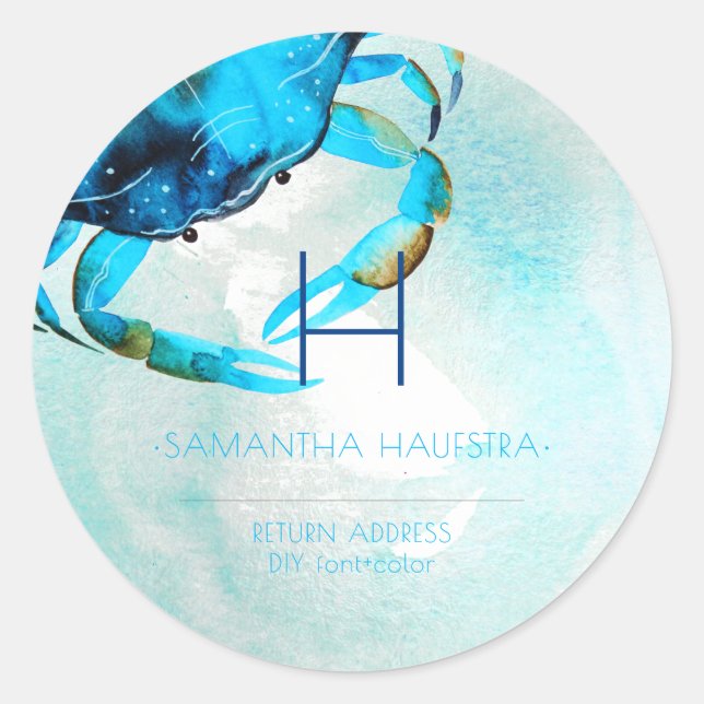 PixDezines Blue Crab Monogram Beach Classic Round Sticker (Front)
