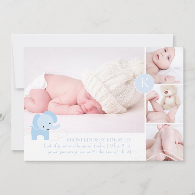 PixDezines blue elephant photos birth announcement (Front)