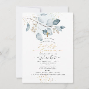 PixDezines Blue Gum Eucalyptus 1st Holy Communion  Invitation