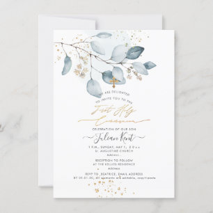 PixDezines Blue Gum Eucalyptus 1st Holy Communion  Invitation