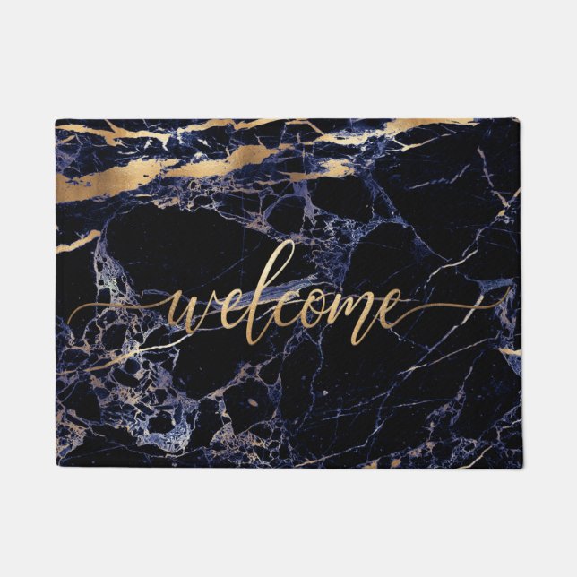 PixDezines BLUE MARBLE FAUX GOLD VEINS, WELCOME Doormat (Front)