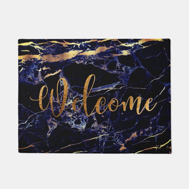 PixDezines BLUE MARBLE FAUX GOLD VEINS, WELCOME Doormat (Front)