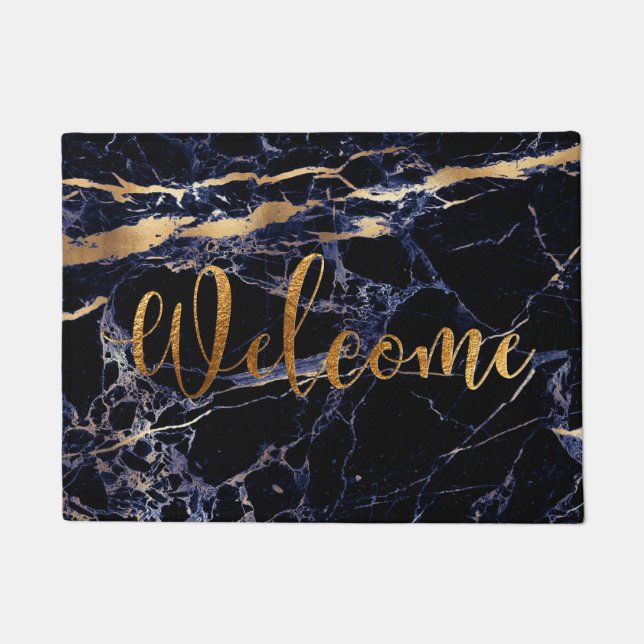 PixDezines BLUE MARBLE FAUX GOLD VEINS, WELCOME Doormat (Front)
