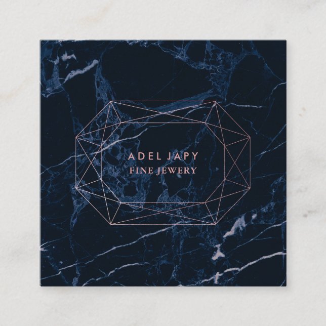 PixDezines Blue Marble+Faux Rose Gold Emerald Cut Square Business Card (Front)