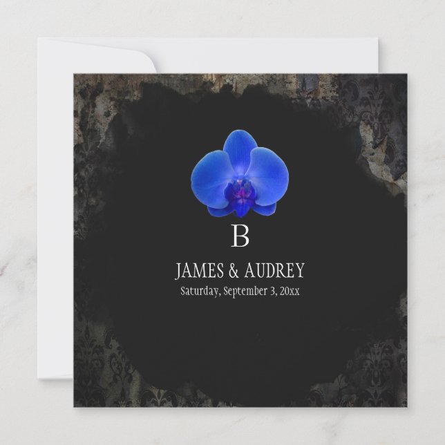PixDezines blue orchid/grunge black damask Invitation (Front)
