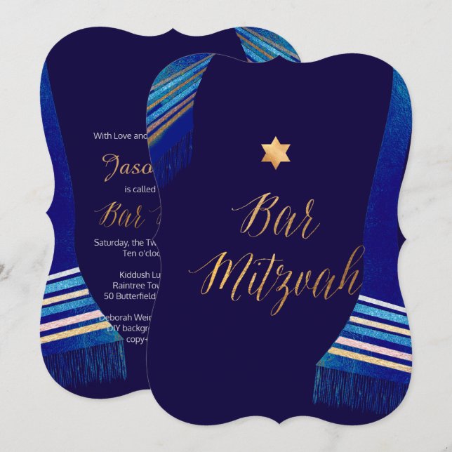 PixDezines ✡ Blue Tallit Bar Mitzvah Invitation (Front/Back)