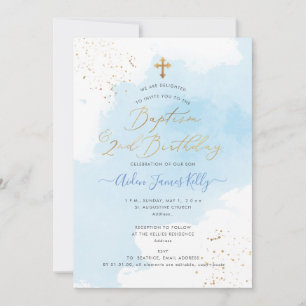 PixDezines Blue Watercolor Baptism+ 2nd Birthday Invitation