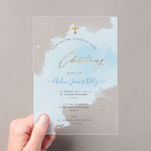 PixDezines Blue Watercolor Confetti Christening Acrylic Invitations