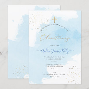 PixDezines Blue Watercolor Confetti Christening Invitation
