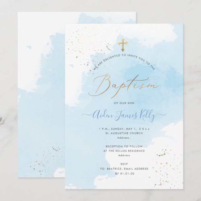 PixDezines Blue Watercolor Dorado Bautismo de polv Invitation (Front/Back)