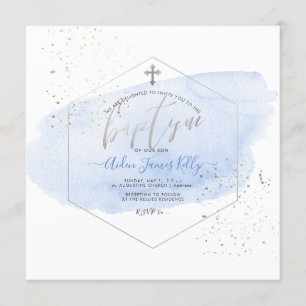 PixDezines Blue Watercolor+Honeycomb Baptism Invitation