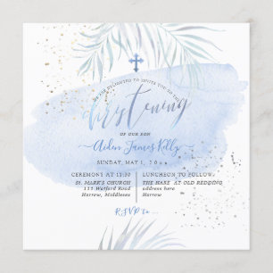 PixDezines Blue Watercolor Palms Christening Invitation