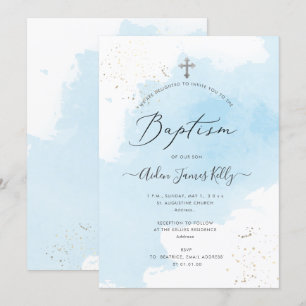 PixDezines Blue Watercolor Silver Dust Baptism Invitation