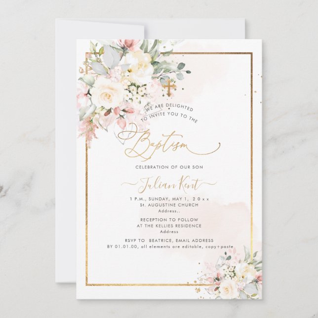 PixDezines Blush Alabaster Roses Baptism Invitation (Front)