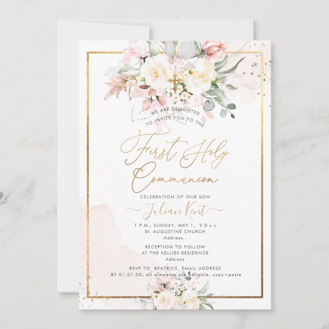 PixDezines Blush Alabaster Roses Communion Invitation (Front)