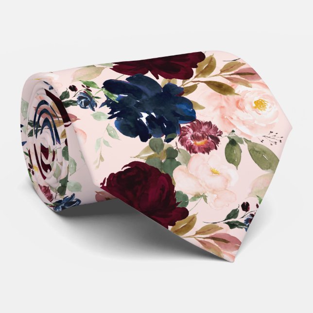 PixDezines Blush Burgundy Navy H2 Flowers Tie (Rolled)