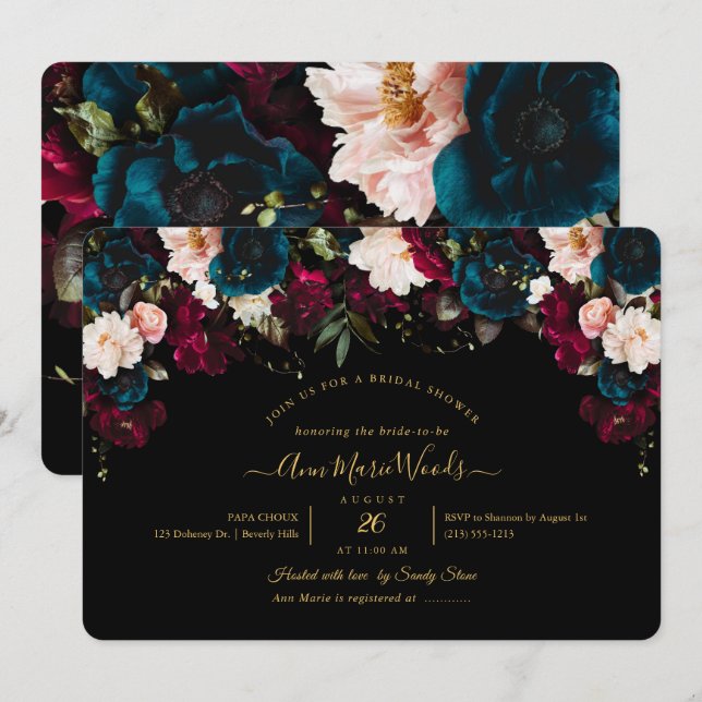 PixDezines Blush Burgundy Teal Bridal Shower Invit Invitation (Front/Back)
