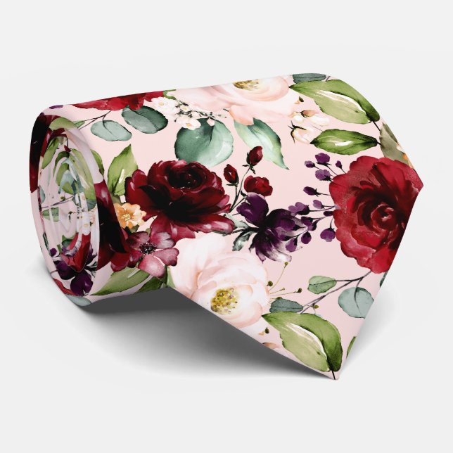 PixDezines Blush Burgundy Watercolor Flowers Tie (Rolled)