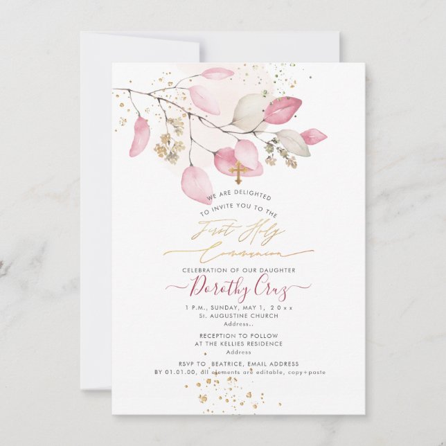 PixDezines Blush Gum Eucalyptus 1st Holy Communion Invitation (Front)