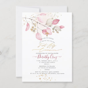 PixDezines Blush Gum Eucalyptus 1st Holy Communion Invitation