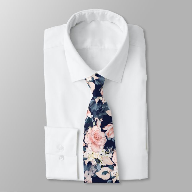 PixDezines Blush Pink Ice Blue Watercolor Flowers Tie (Tied)