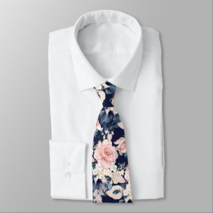 PixDezines Blush Pink Navy Blue Watercolor Flowers Tie