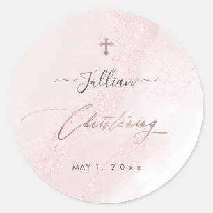 PixDezines Blush Pink Rose Gold Christening Classic Round Sticker
