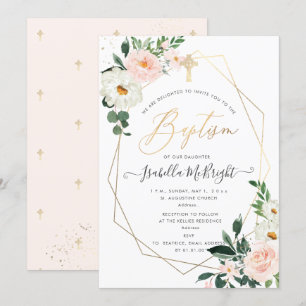 PixDezines Blush Pink Watercolor Flowers Baptism Invitation