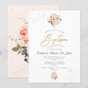 PixDezines Blush Pink Watercolor Roses Baptism Invitation