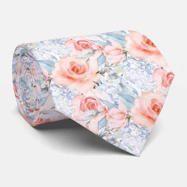 PixDezines Blush Roses Ice Blue Hydrangeas  Tie (Rolled)