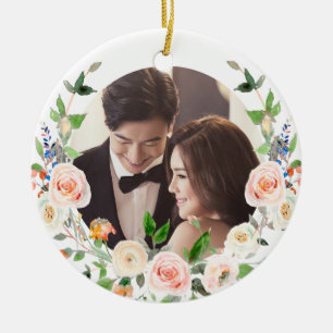 PixDezines Blush Roses Wreath, First Christmas Ceramic Tree Decoration